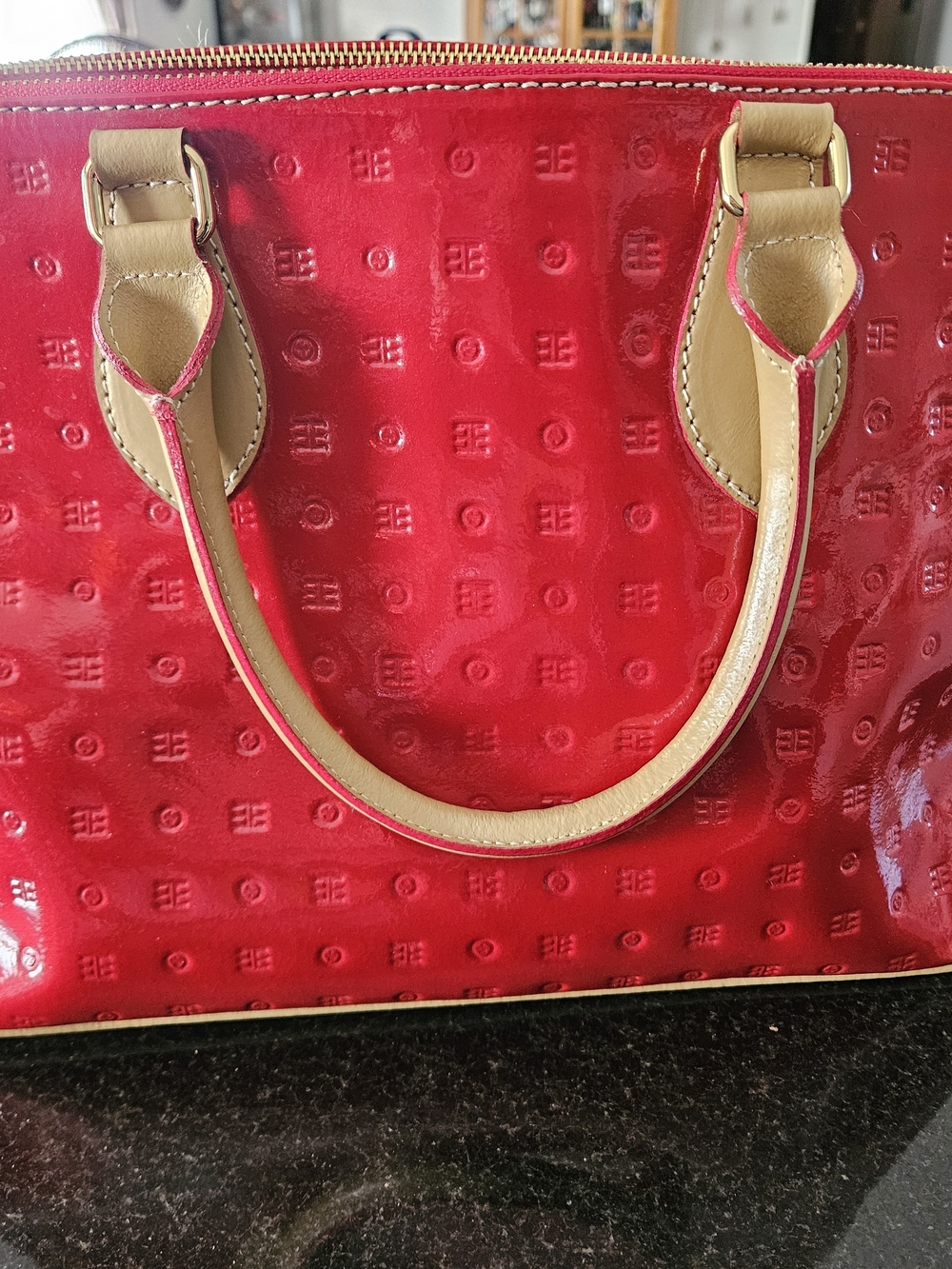 Arcadia Red Patent Tote Bag with Tan Handles
